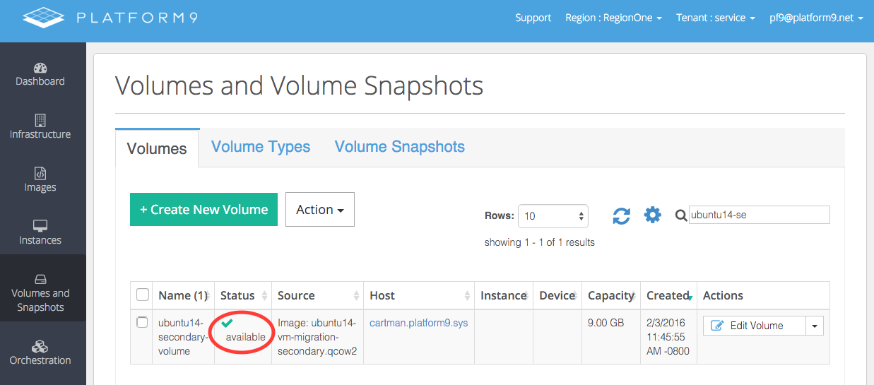 Migrate a secondary Linux VM disk from vSphere to OpenStack Step 3 - Create a Cinder Volume