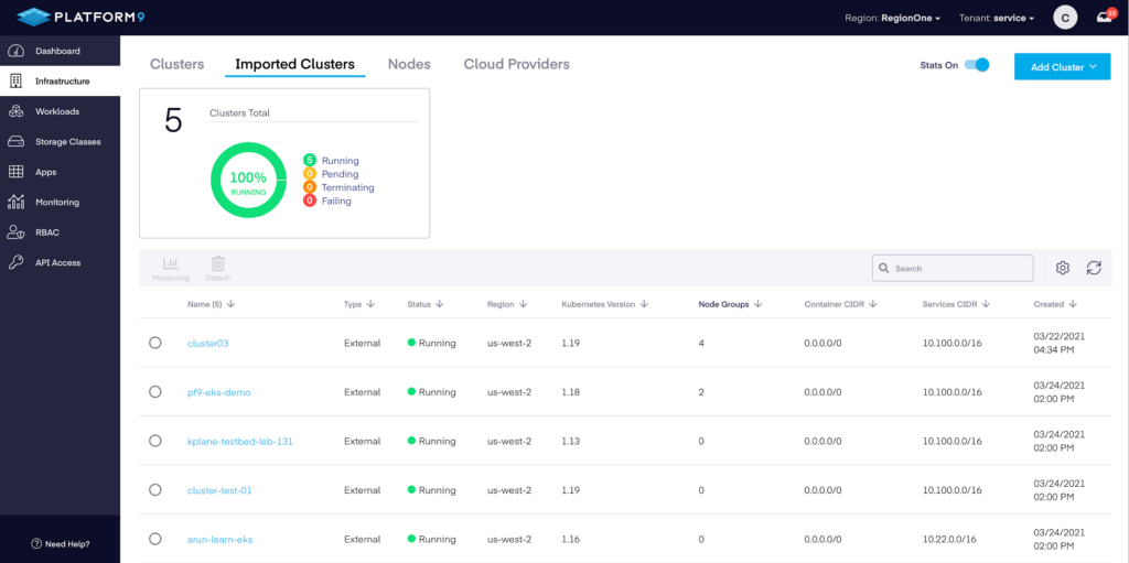 Platform9 screenshot of the SaaS Management Plane