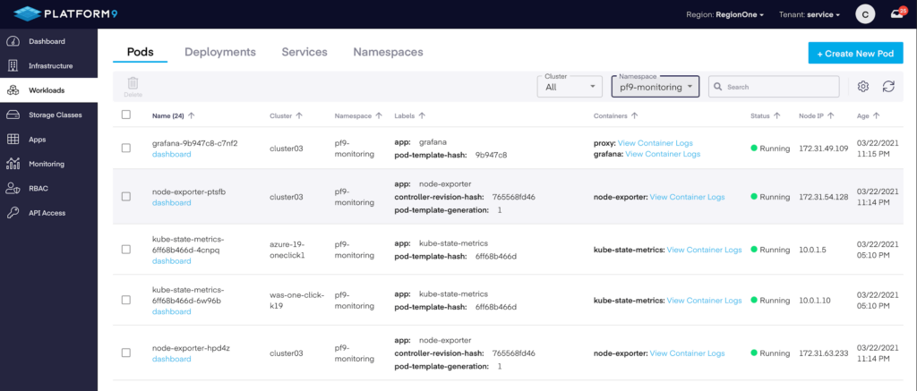 Platform9 screenshot of the workload management interface