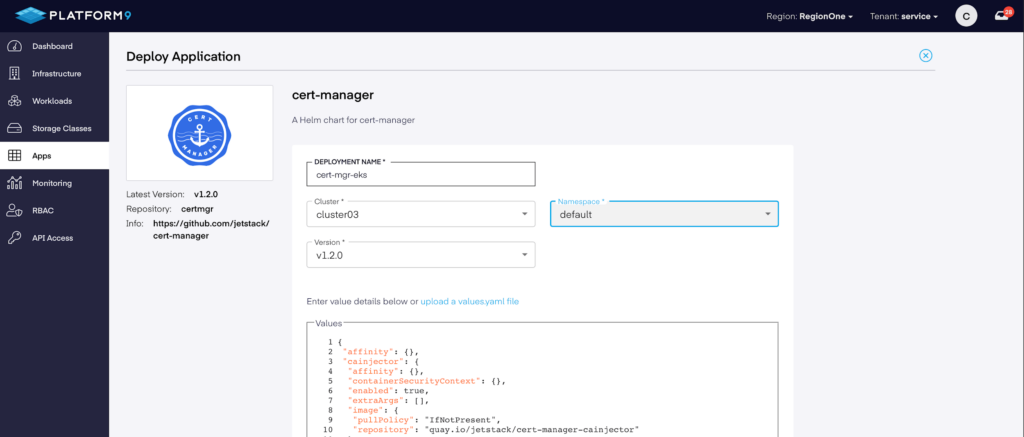 Platform9 screenshot global application management & deploy application