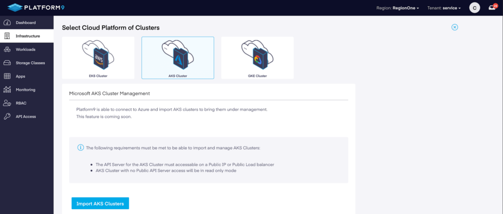 Platform9 screenshot of infrastructure interface