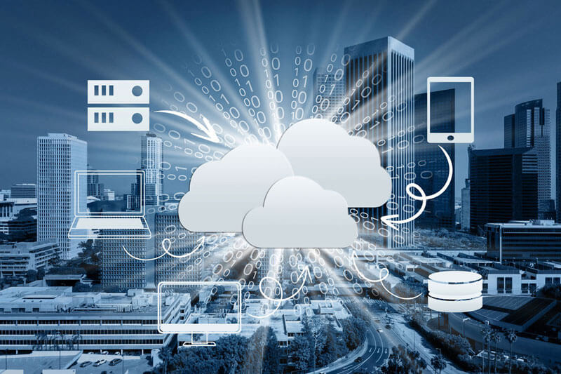 A collage depicting the concept of Software-as-a-Service with various device and data types connecting to the cloud