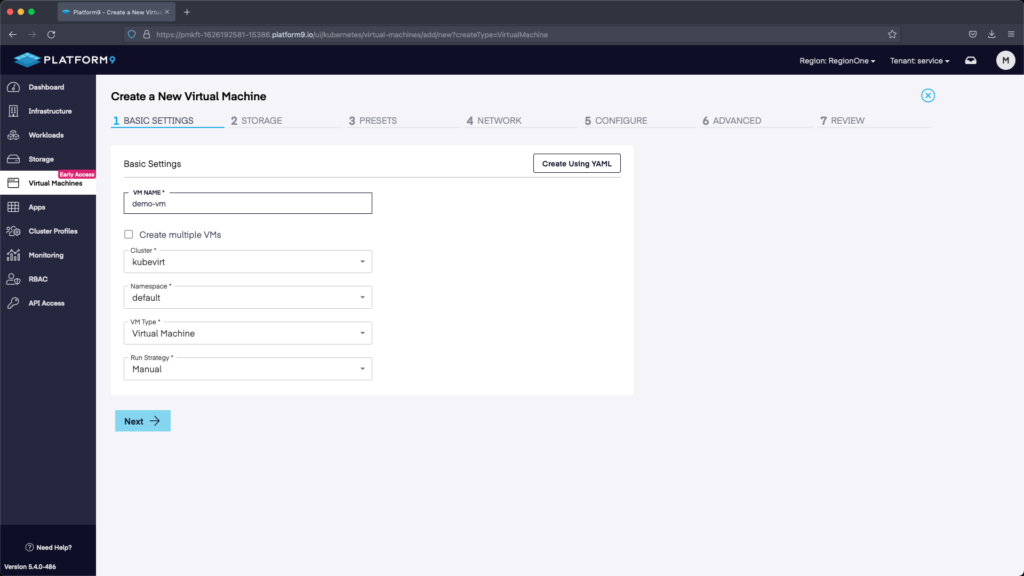 KubeVirt - Creating a Virtual Machine Basic Settings