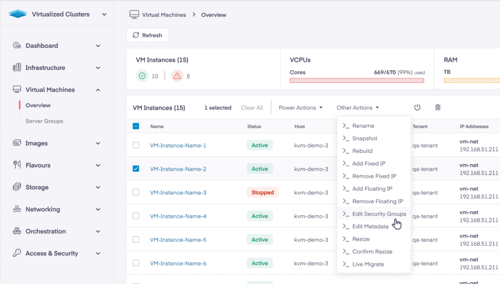 A view of the Private Cloud Director Dashboard