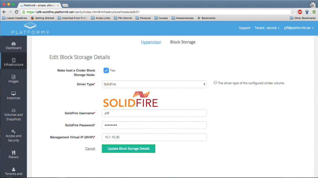 Editing Block Storage Details using SolidFire