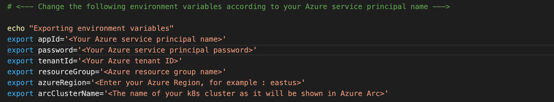 Screenshot of Azure variables