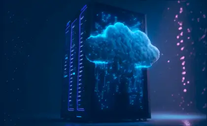 A cloud server concept shows a data cloud hovering before a large server stack