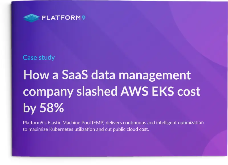 A cover of the case study document titled "How a SaaS data management company slashed AWS EKS costs by 58%"