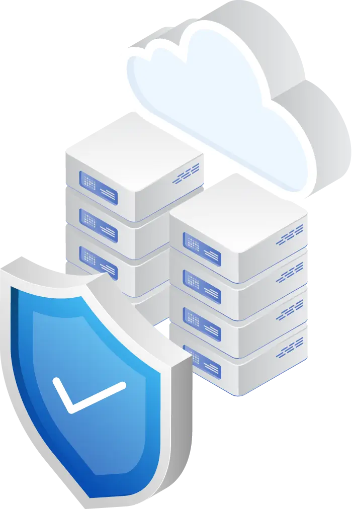 An illustrated graphic representing server towers and a cloud environment protected by a large shield