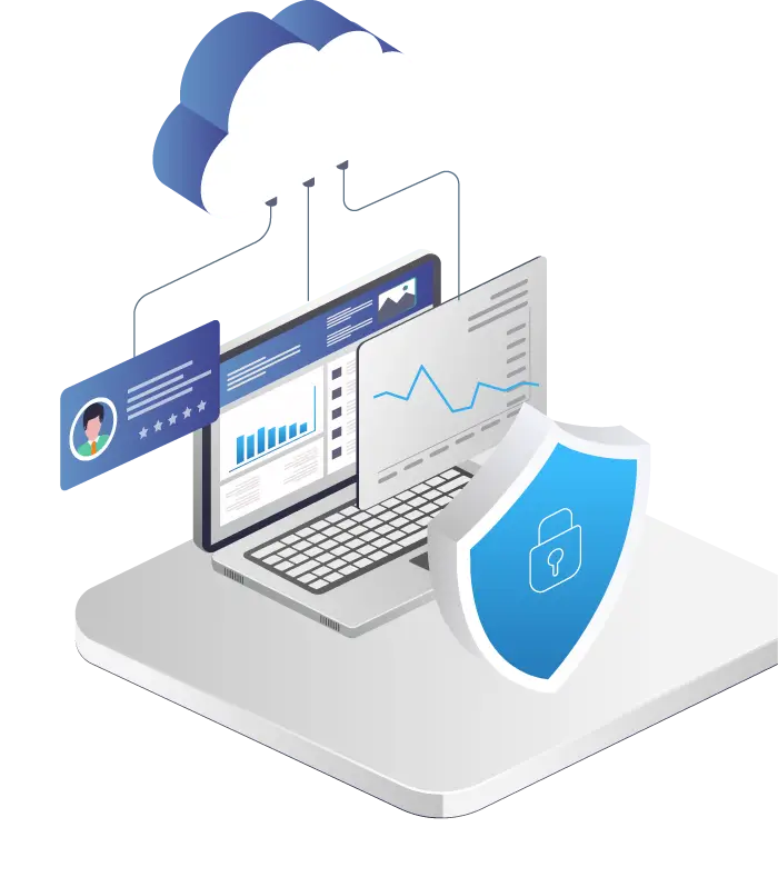 An illustration of a data privacy & compliance concept showing a computer and cloud environment with sensitive data protected by a shield