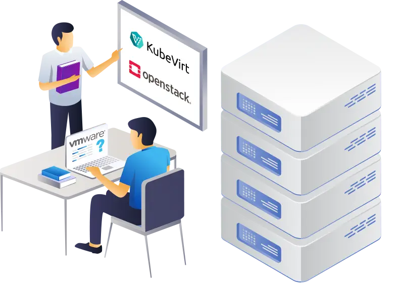 An illustrated graphic showing users of the Platform9 alternatives to VMware (OpenStack and KubeVirt) on monitors and a large representation of a server stack