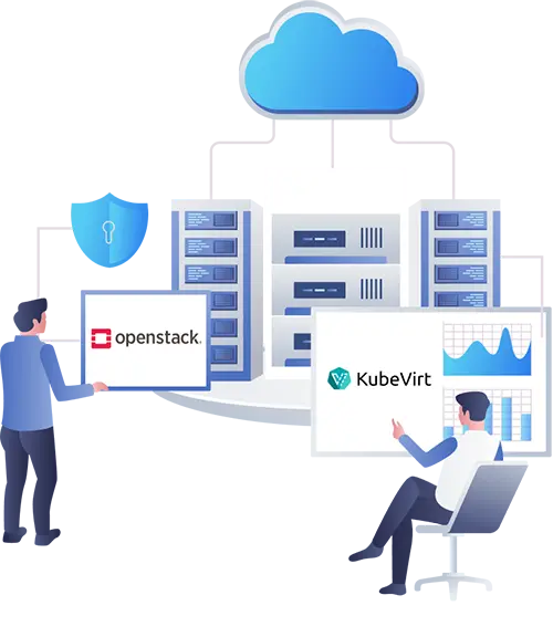 An illustrated graphic showing users of the Platform9 alternatives to VMware (OpenStack and KubeVirt) on monitors and multiple large representations of  server stacks and the concept of cloud computing