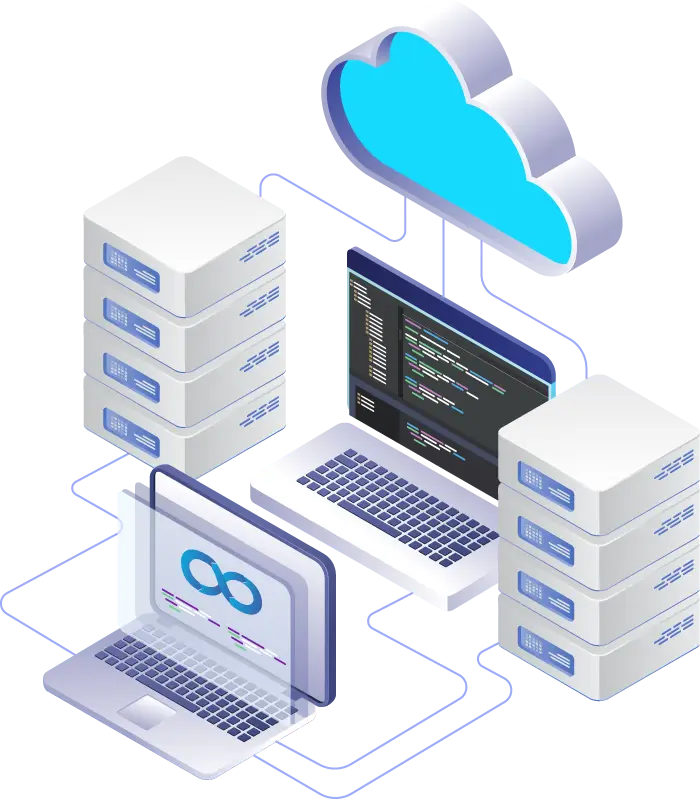 A 3D graphic of connected servers, displays, and a cloud environment to communicate the concept of "Cloud Operational Model"