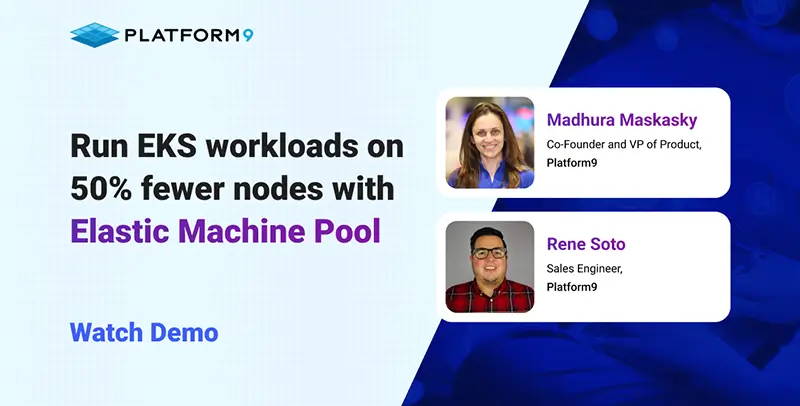A video preview graphic with two speaker photos and the heading "Run EKS workloads on 50% fewer nodes with Elastic Machine Pool"