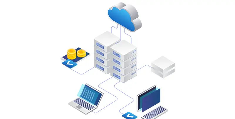 An illustration showing a connected, efficient network of computers, servers, the cloud, and a FinOps concept