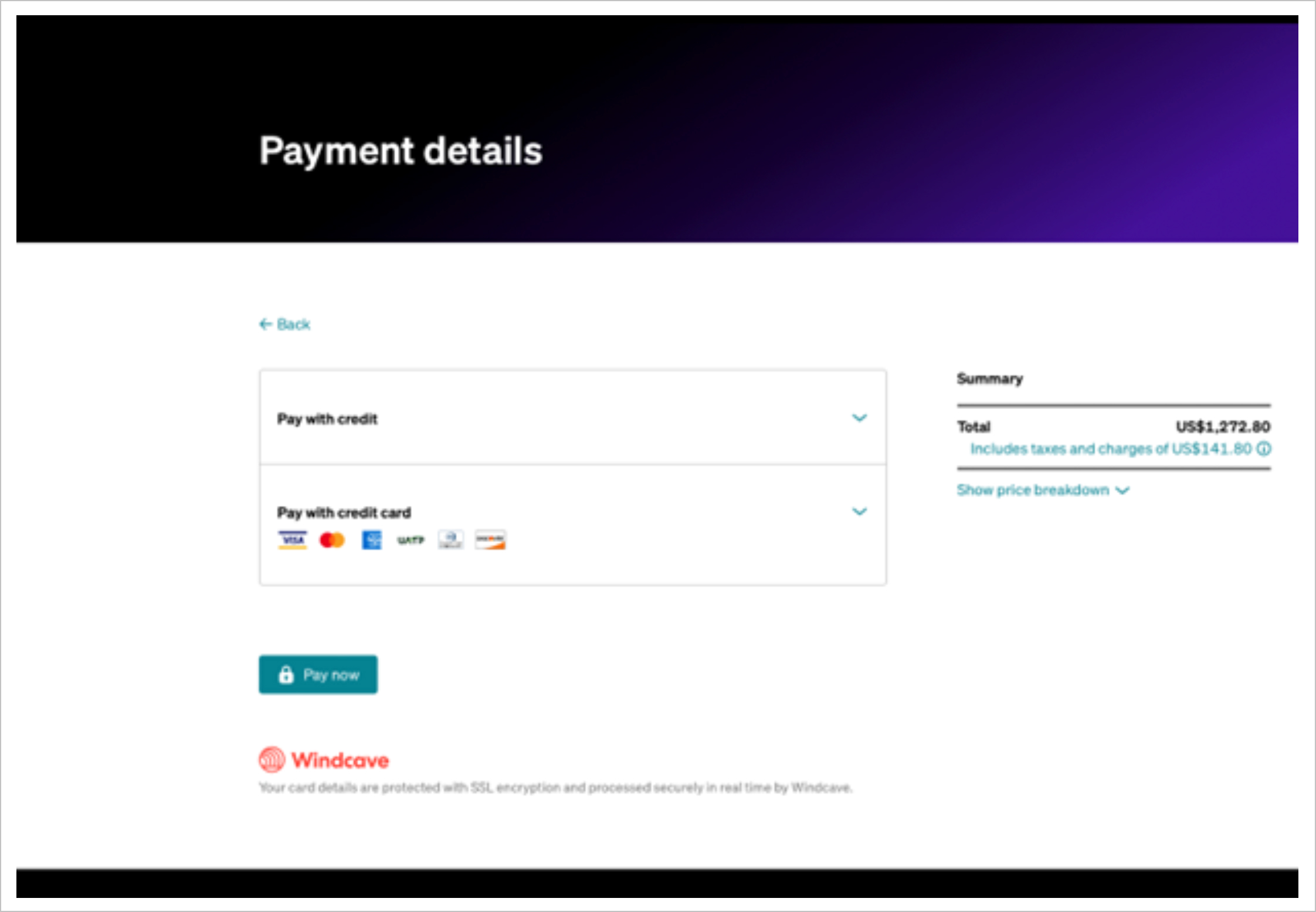 Payment details screen