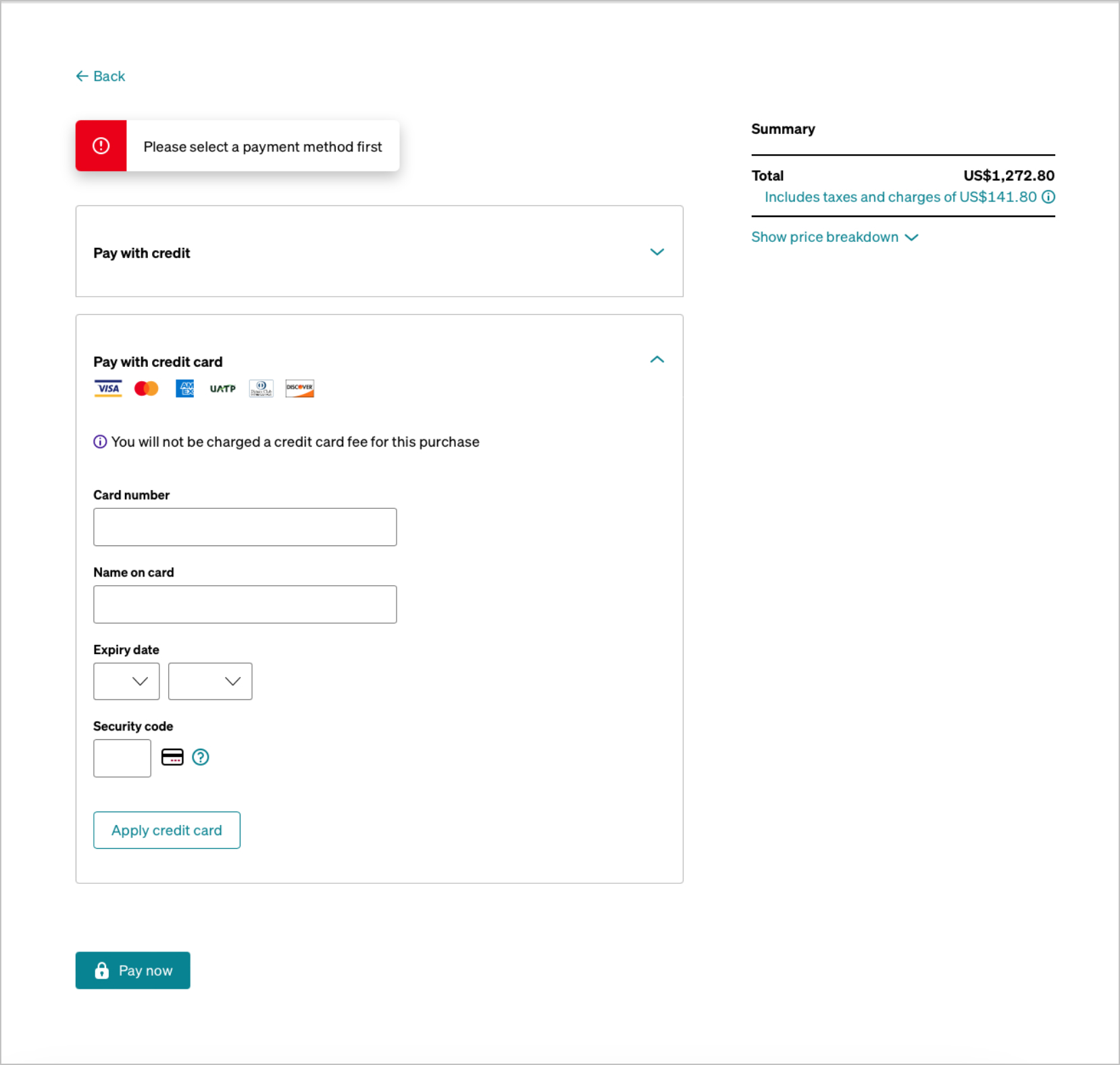 Payment details screen