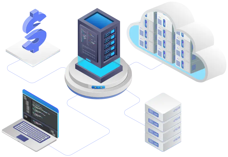 An illustration of an interconnected network of servers, computers, and cost-saving concepts to represent Platform9's Managed KubeVirt